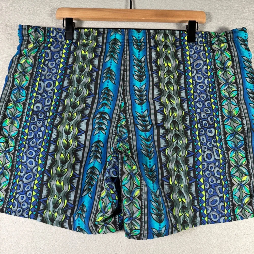 Speedo Mens Vintage Tribal Geometric Print Swim Trunks Blue Teal XL 90's